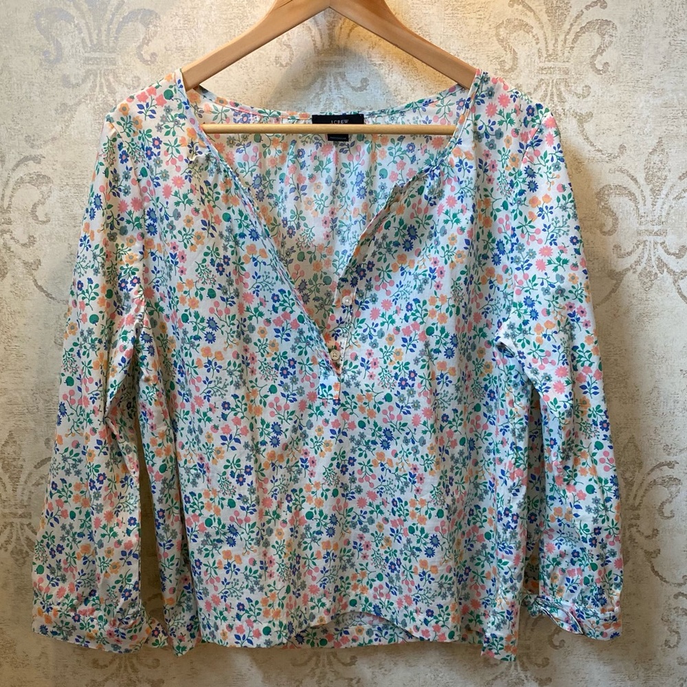 J.Crew Floral Tie Sleeve Popover Shirt Size M